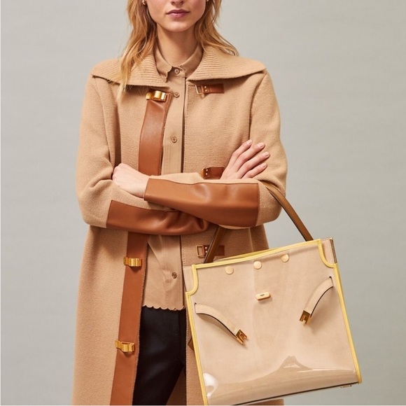 Tory Burch Handbags - Tory Burch Lee Radziwill Raincoat Double Leather Bag Satchel Beige Yellow Bag